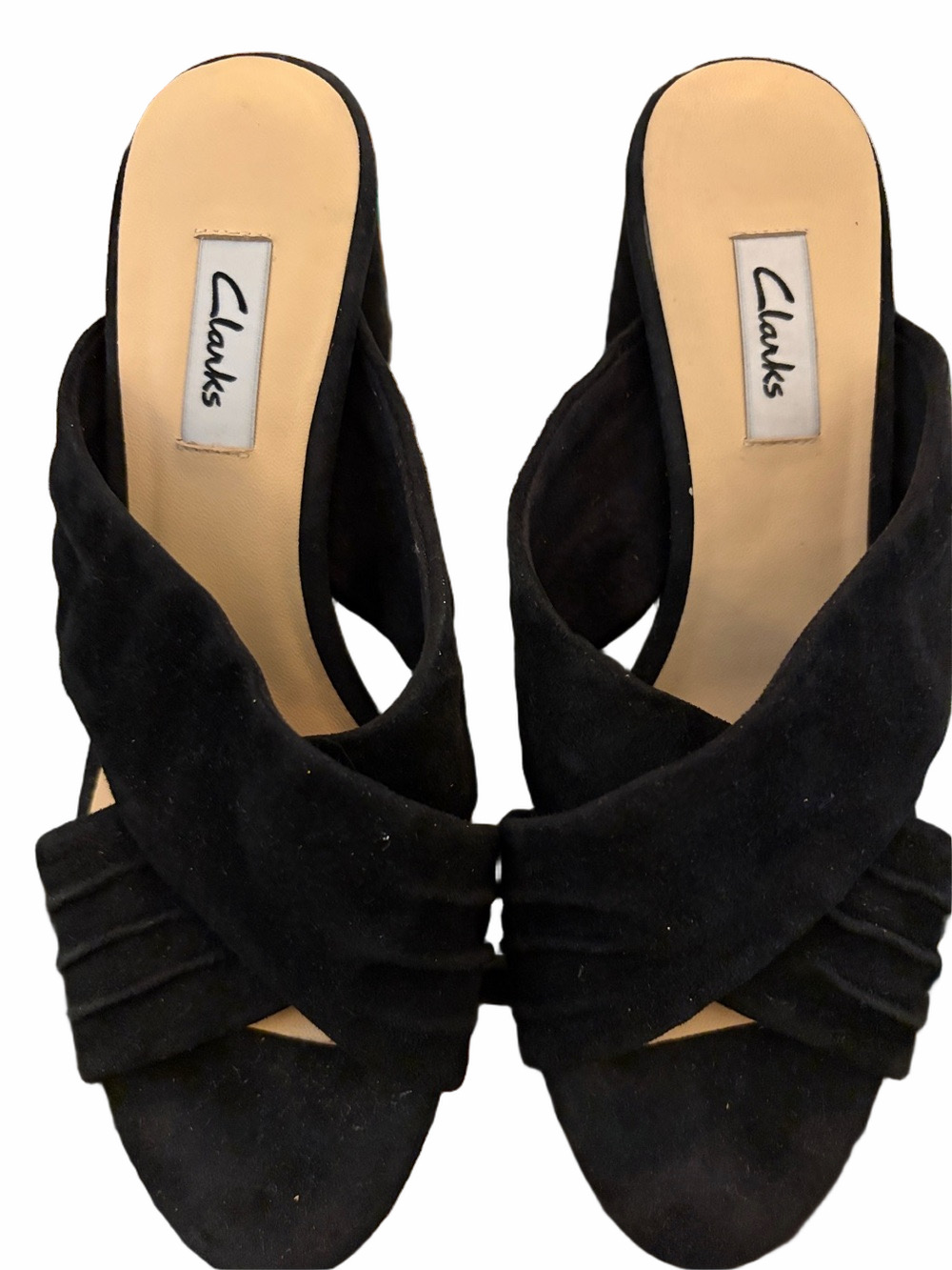 Clark’s black suede high heel open toe mules. 
European 39 US 8.5
